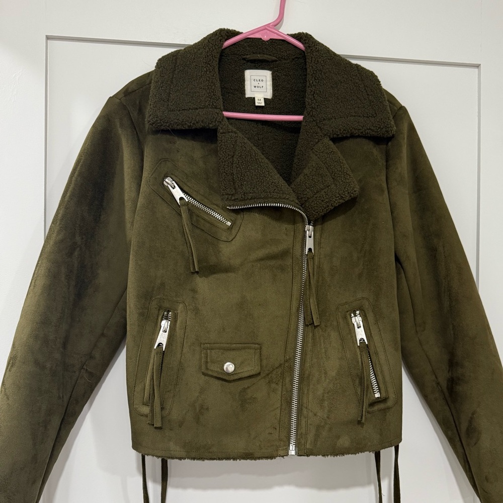 Cleo and Wolf faux suede dark army/olive green faux suede jacket, size medium.